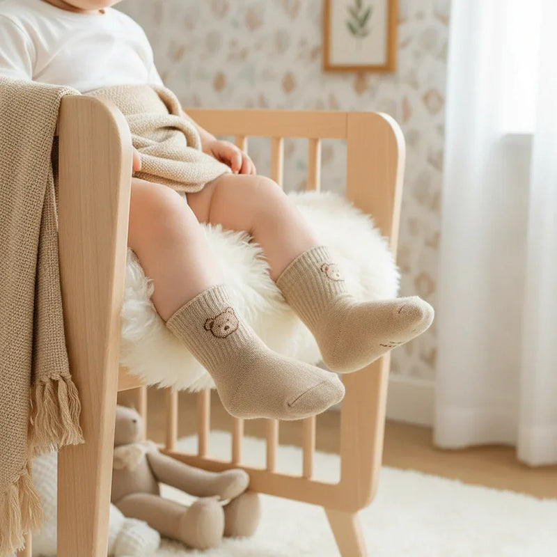 Baby boy wearing bear socks in crib