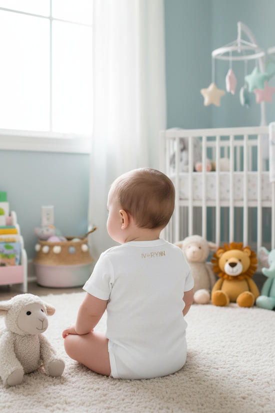 Baby boy wearing IVORYNN onesie - back view