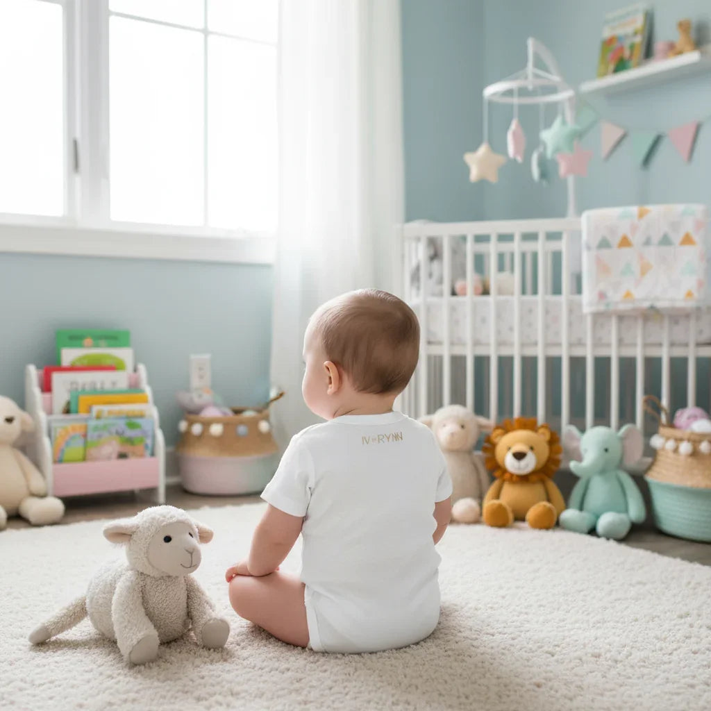 Baby boy wearing IVORYNN onesie - back view