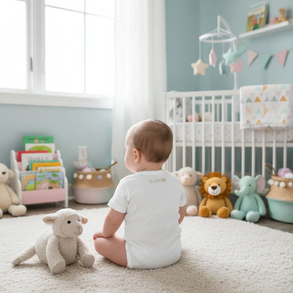 Baby boy wearing IVORYNN onesie - back view