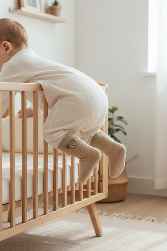 Baby crawling in crib wearing bear socks