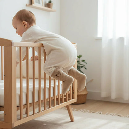 Baby crawling in crib wearing bear socks