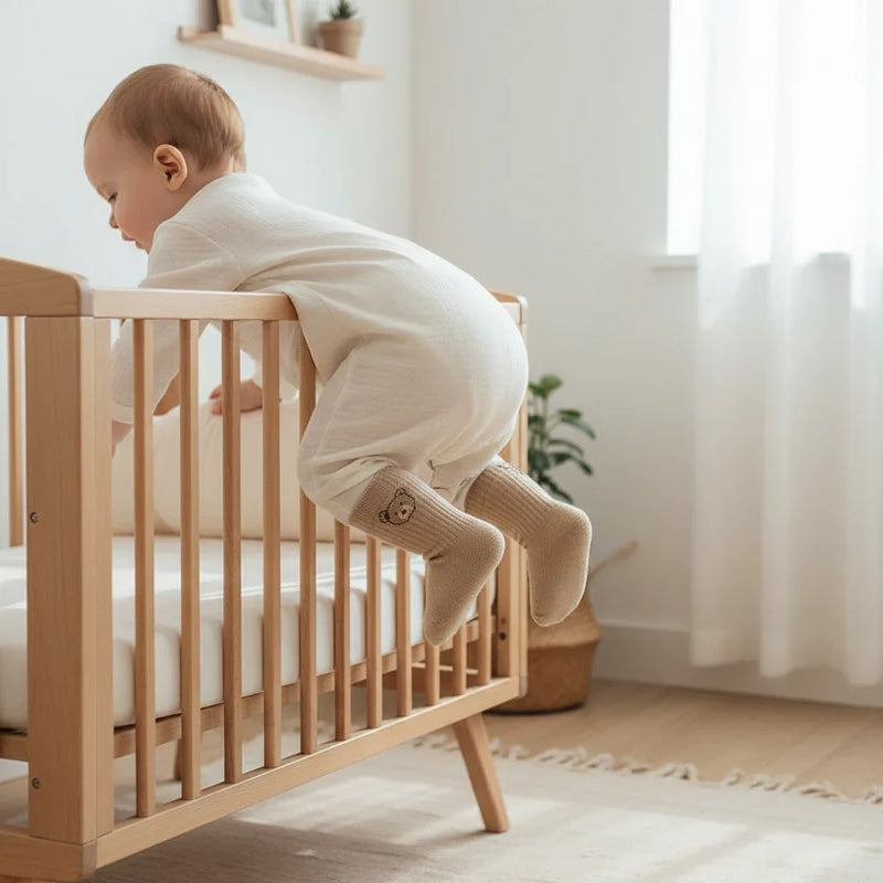 Baby crawling in crib wearing bear socks