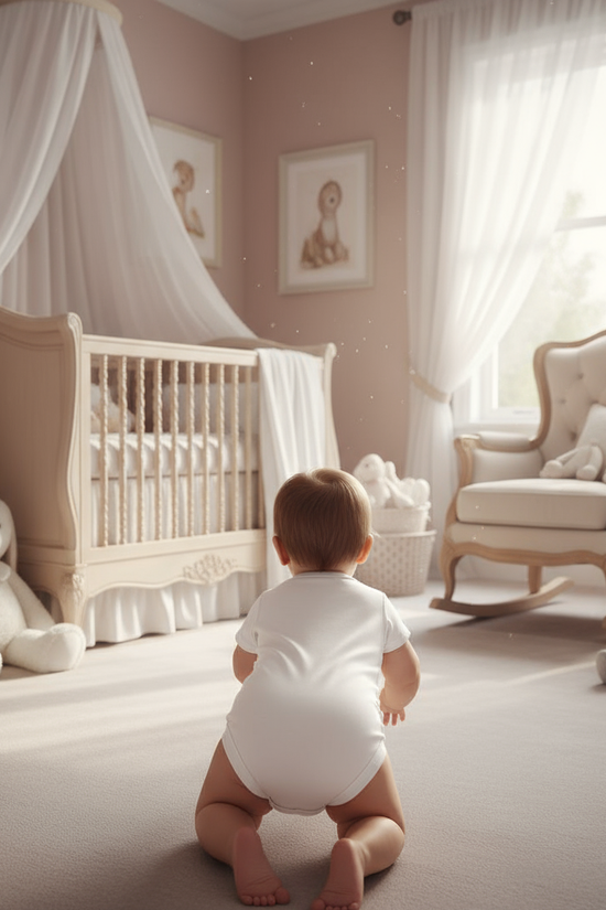 Baby girl back view in bedroom