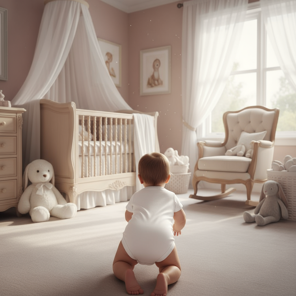 Baby girl back view in bedroom