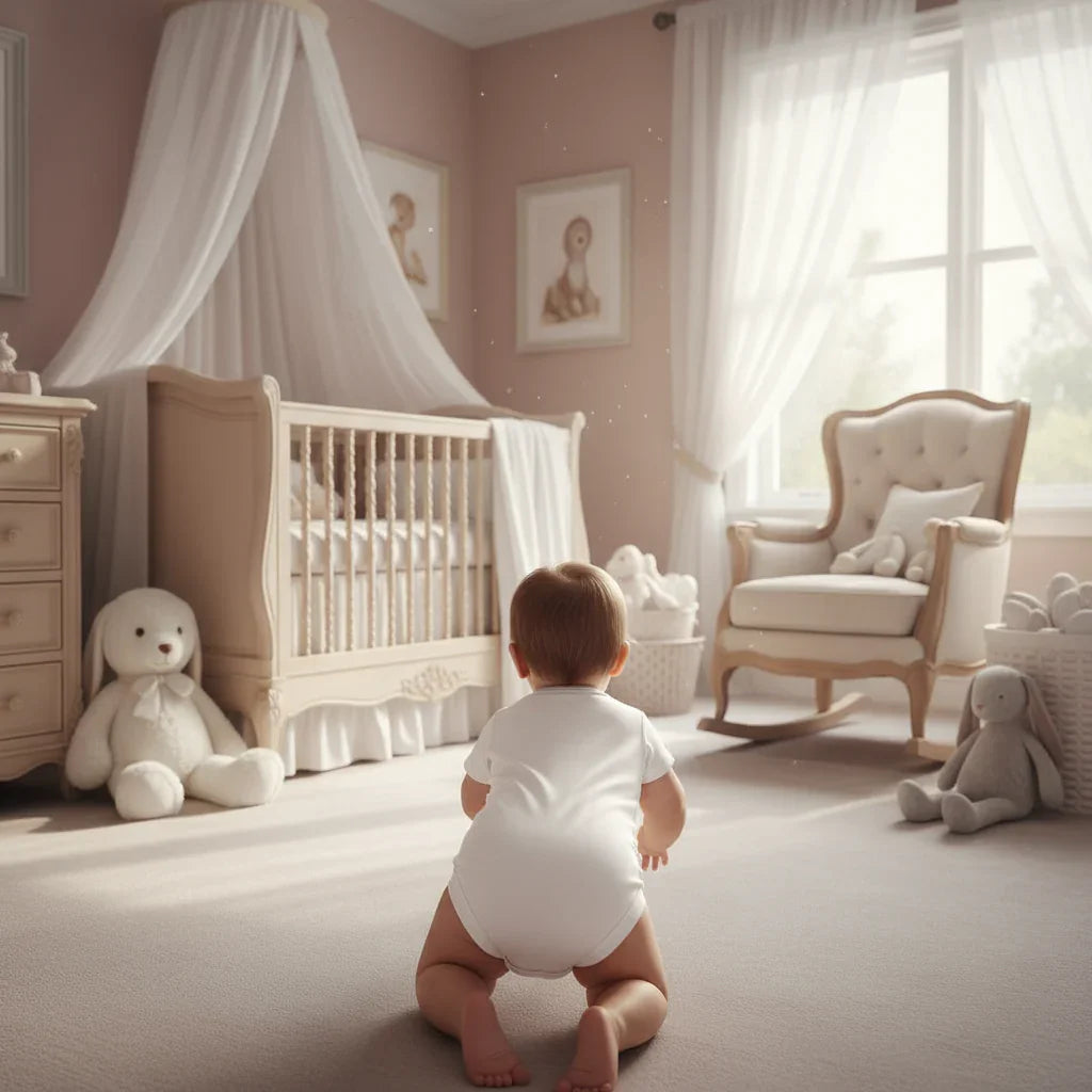Baby girl back view in bedroom