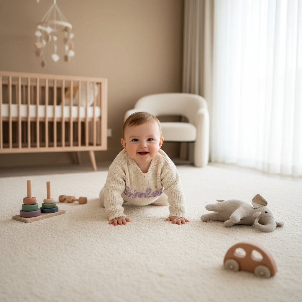 Baby girl crawling on plush carpet