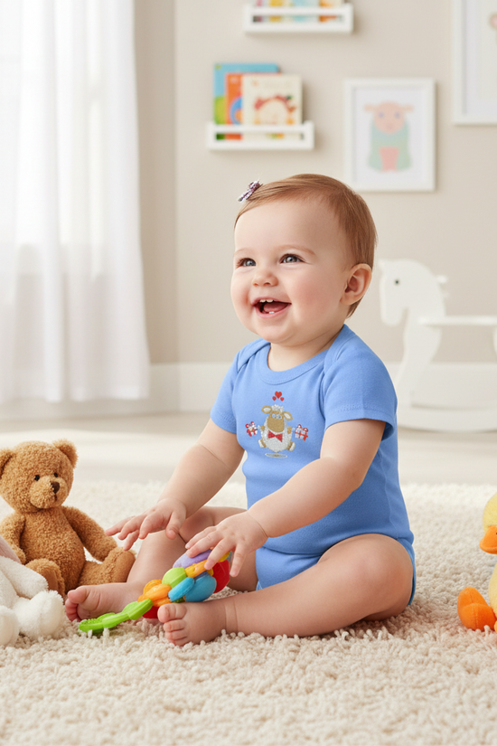 Baby girl in blue onesie - three-quarter angle view
