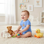 Baby girl in blue onesie - three-quarter angle view
