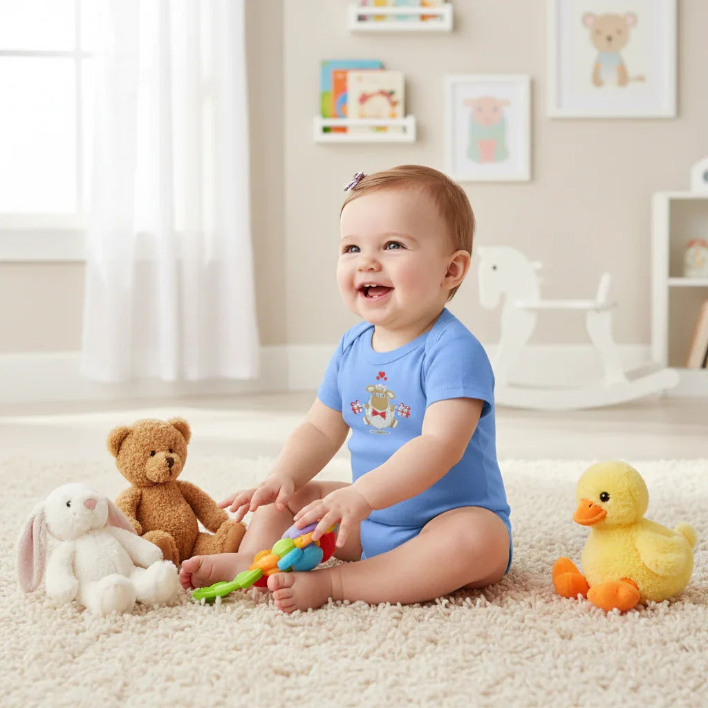 Baby girl in blue onesie - three-quarter angle view