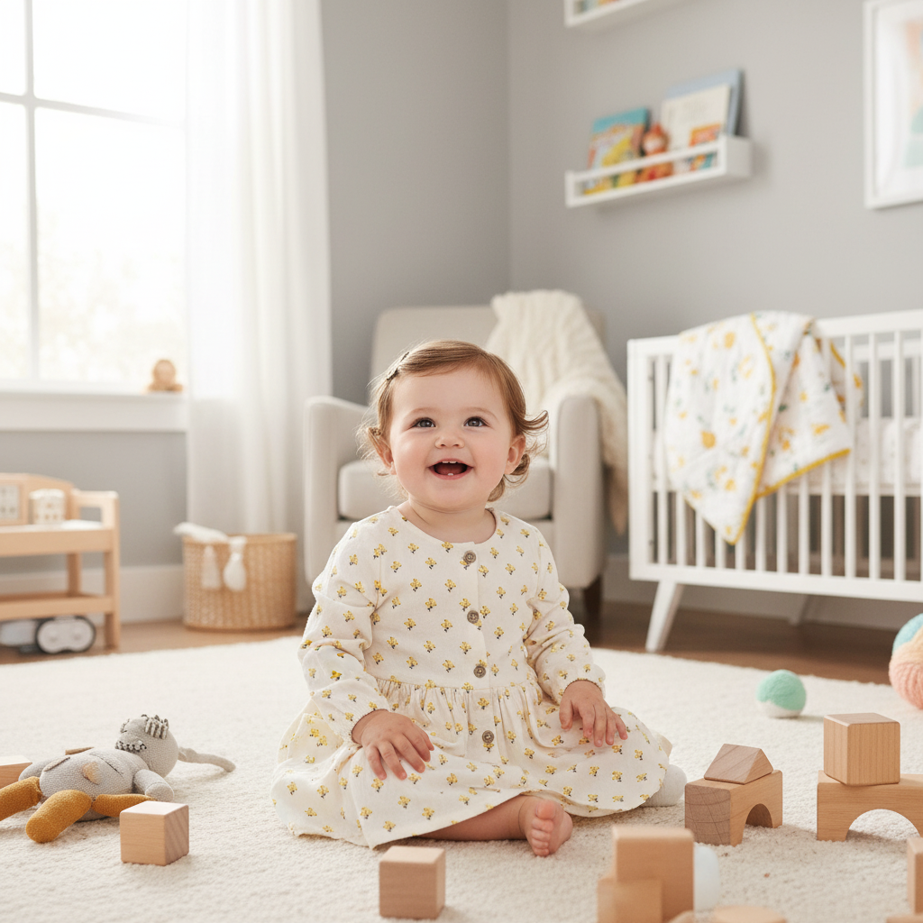 Baby girl in floral dress - Nursery setting