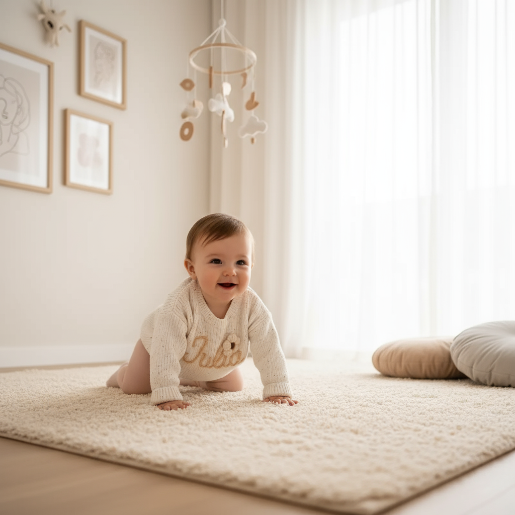 Baby girl in nursery - crawling