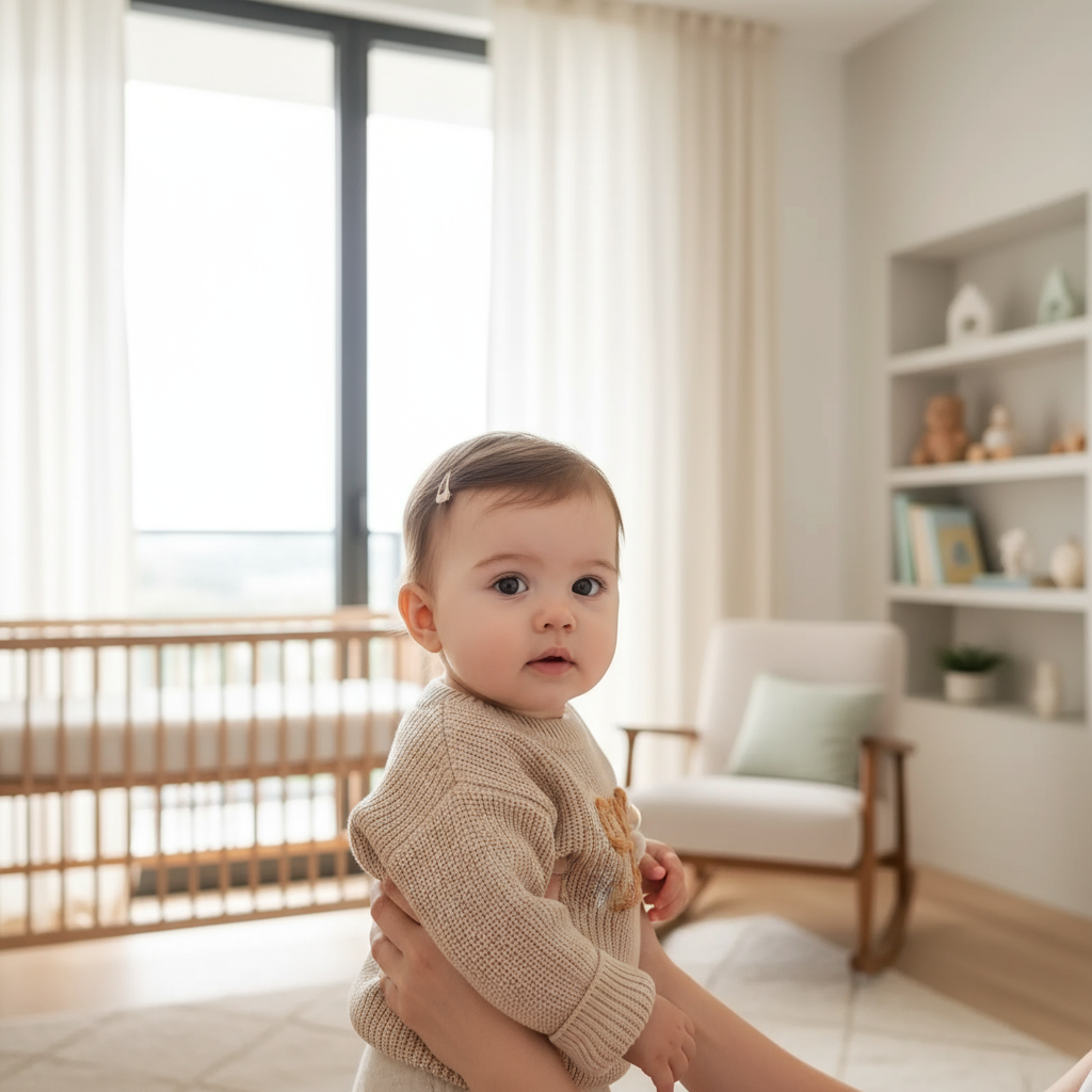 Baby girl in nursery - near window