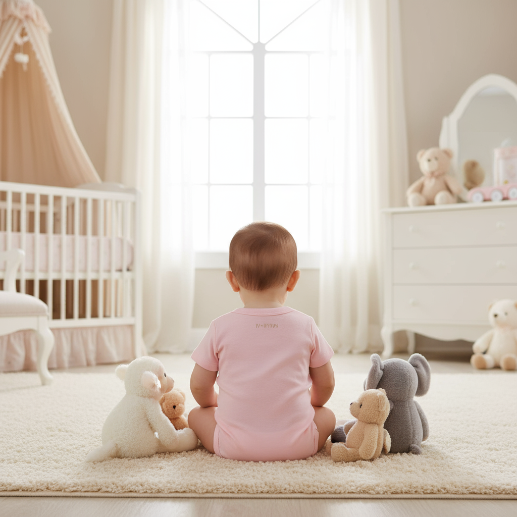 Baby girl in pink onesie - back view in bedroom