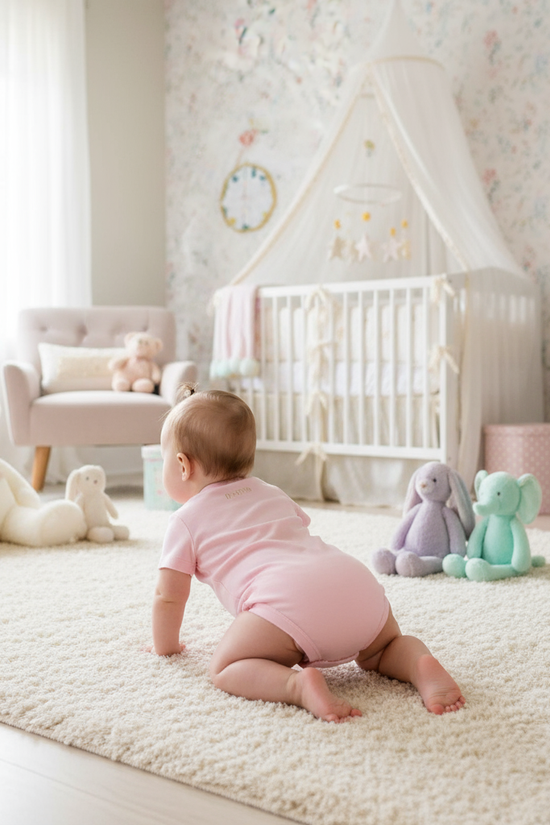 Baby girl in pink onesie - back view in nursery