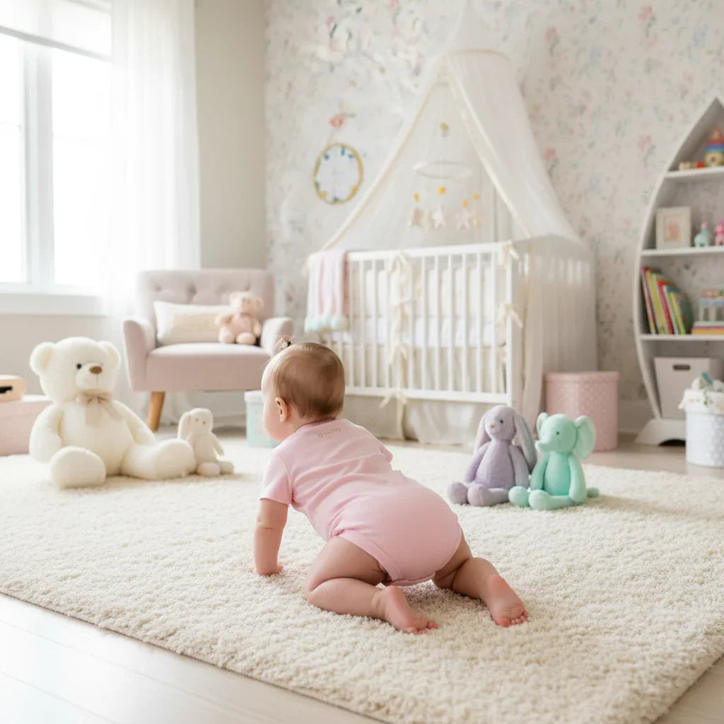 Baby girl in pink onesie - back view in nursery