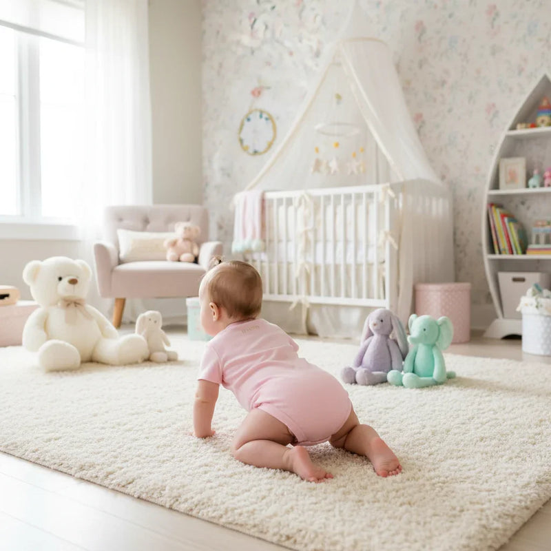 Baby girl in pink onesie - back view in nursery