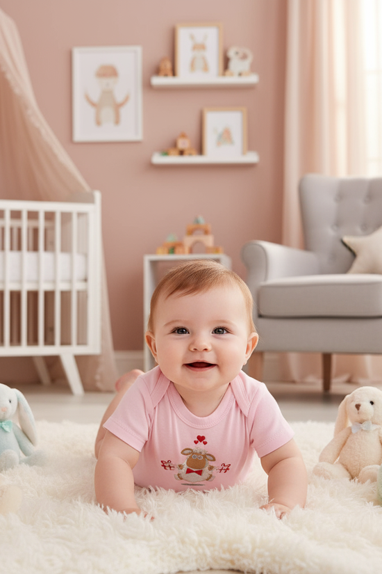 Baby girl in pink onesie - front view in nursery