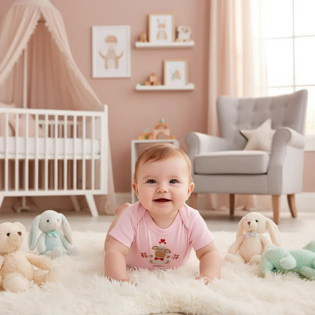 Baby girl in pink onesie - front view in nursery