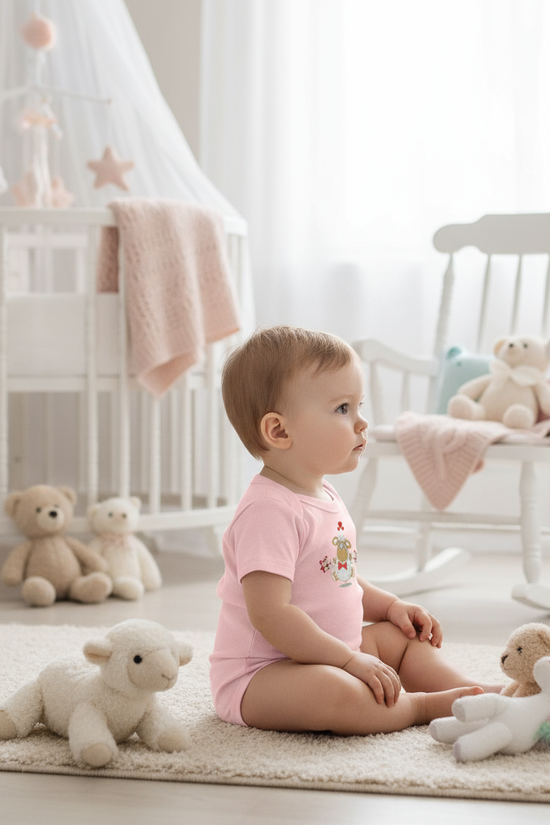 Baby girl in pink onesie - side view in bedroom
