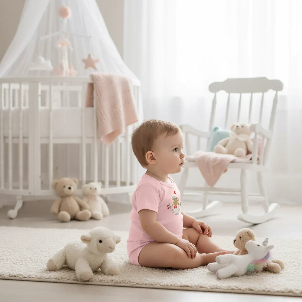 Baby girl in pink onesie - side view in bedroom