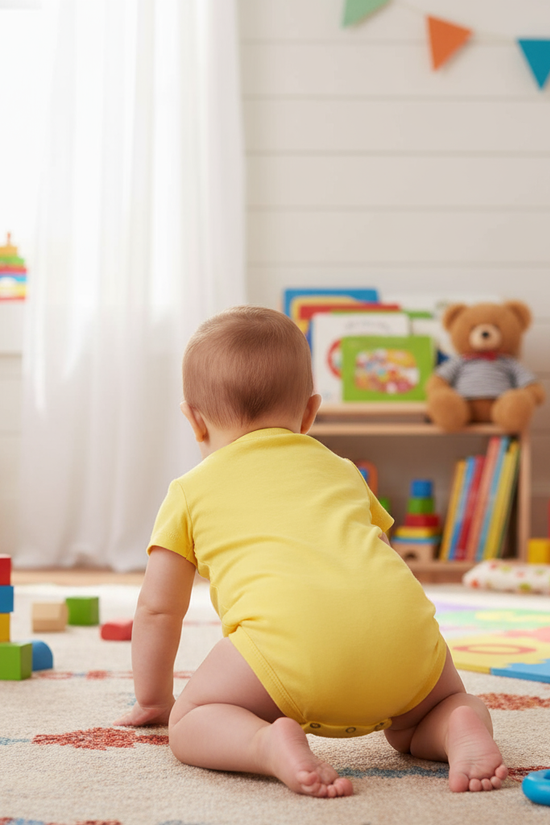 Baby girl in yellow onesie - back view