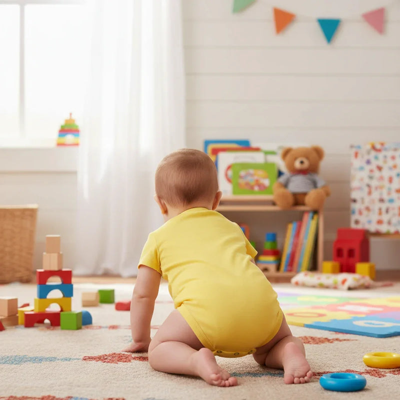 Baby girl in yellow onesie - back view