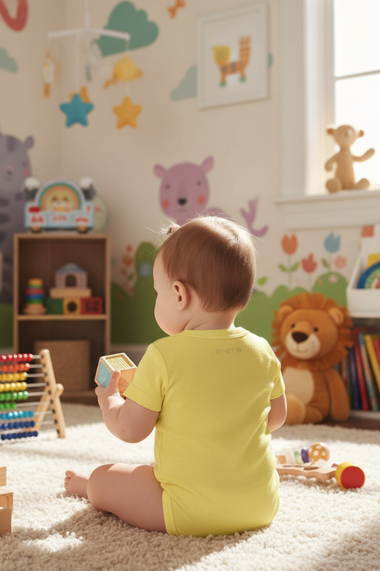 Baby girl in yellow onesie - back view