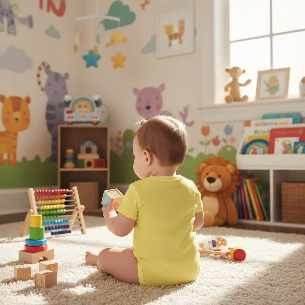 Baby girl in yellow onesie - back view
