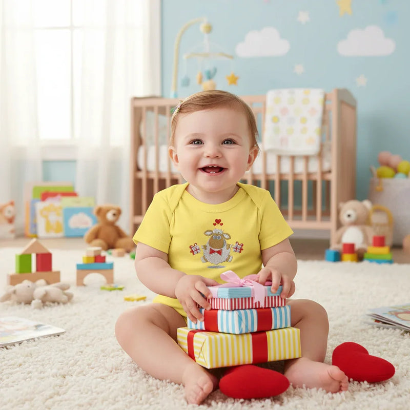 Baby girl in yellow onesie - front view
