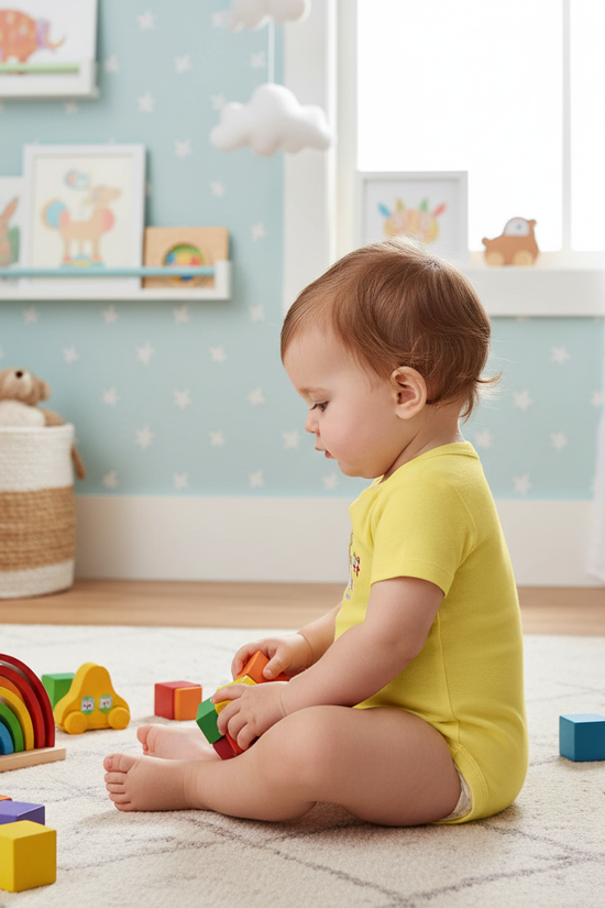 Baby girl in yellow onesie - side view