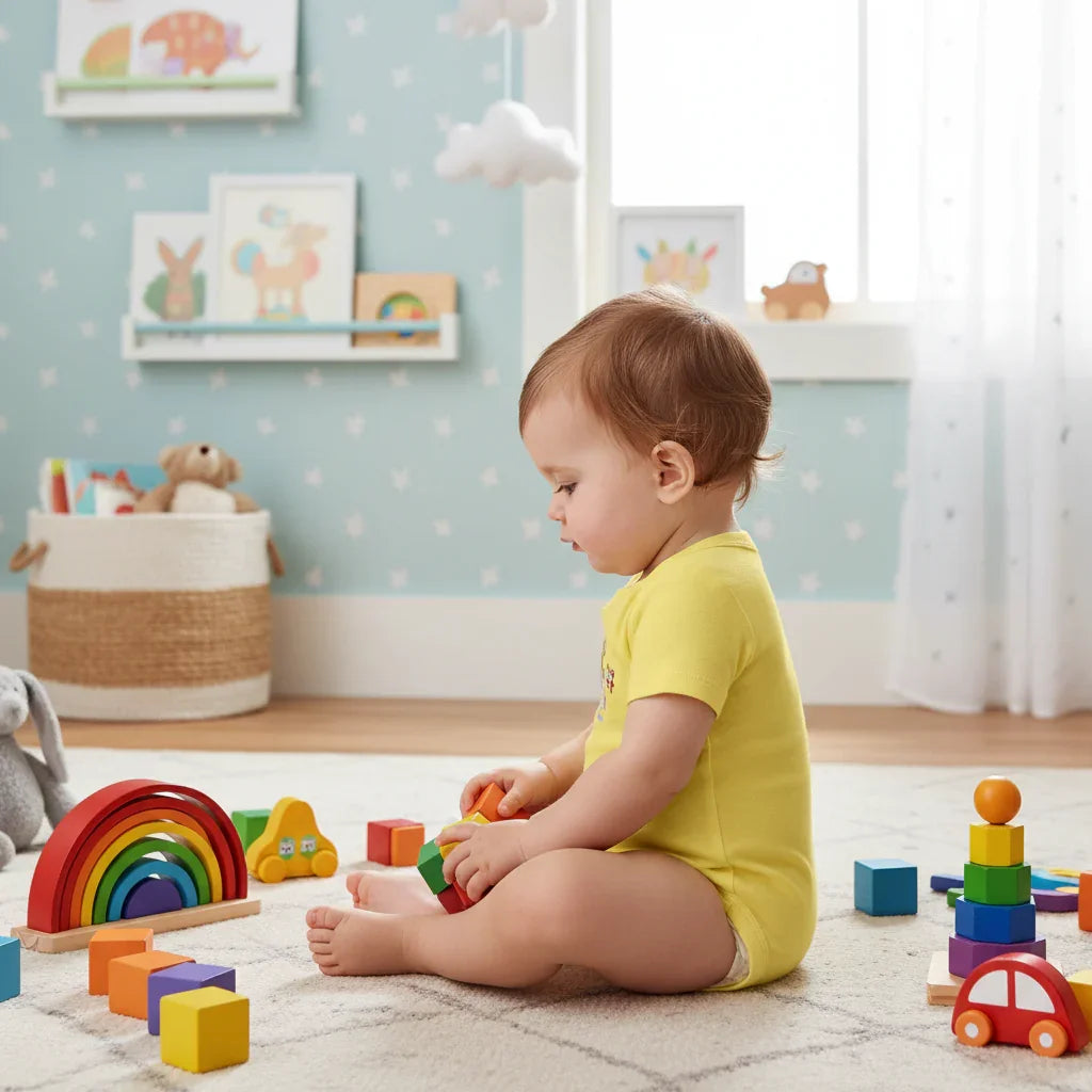 Baby girl in yellow onesie - side view