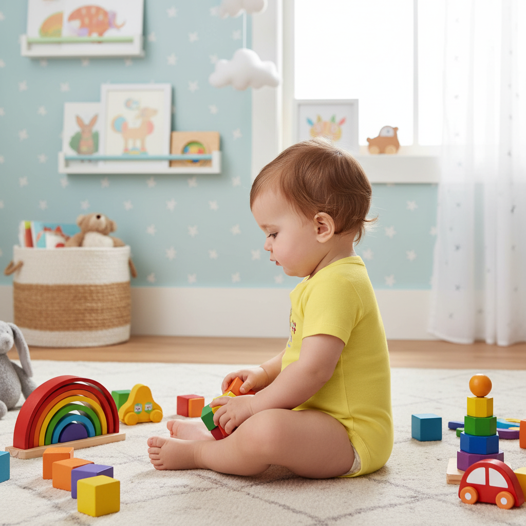 Baby girl in yellow onesie - side view