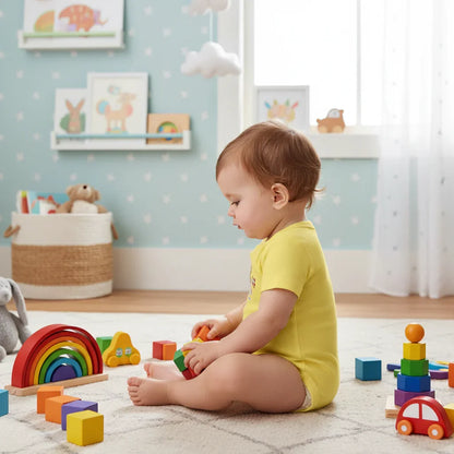 Baby girl in yellow onesie - side view