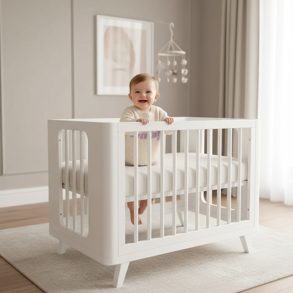 Baby girl near designer crib