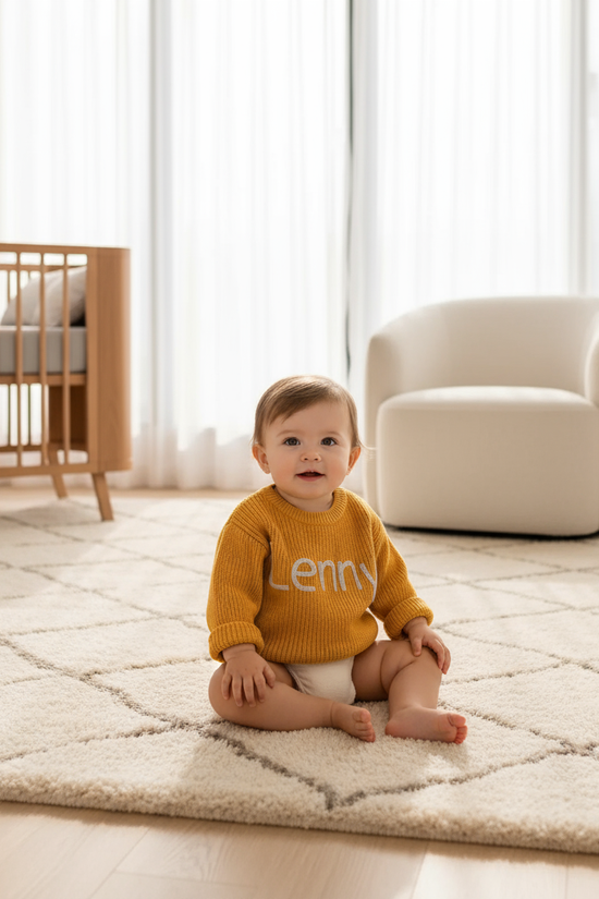 Baby girl on plush rug