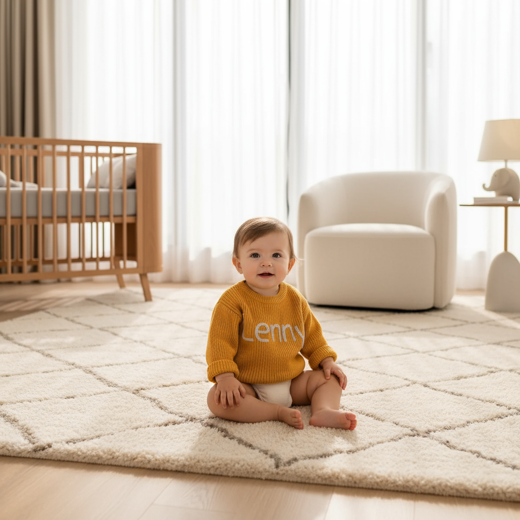 Baby girl on plush rug