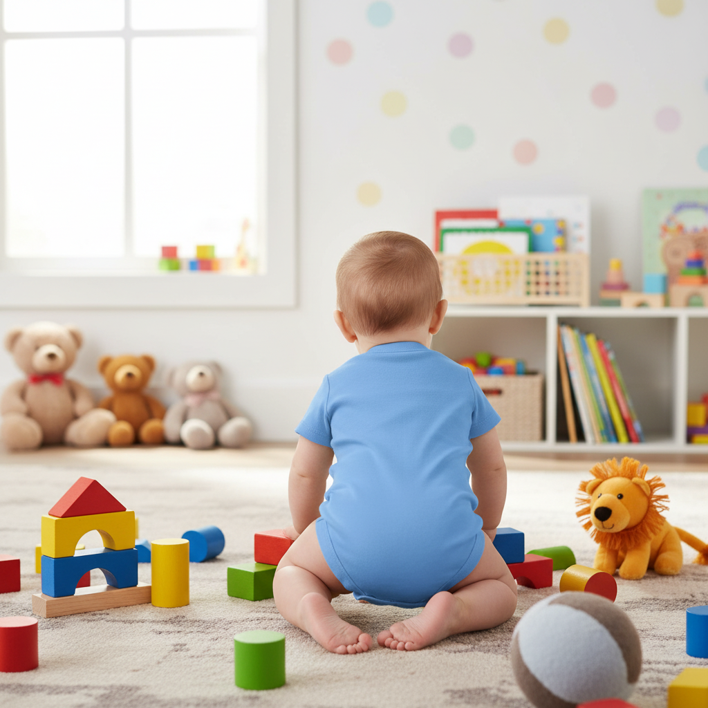 Baby girl playing in blue onesie - back view