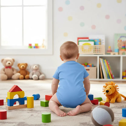 Baby girl playing in blue onesie - back view