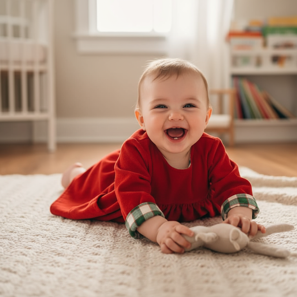 Baby girl playing on blanket in red dress