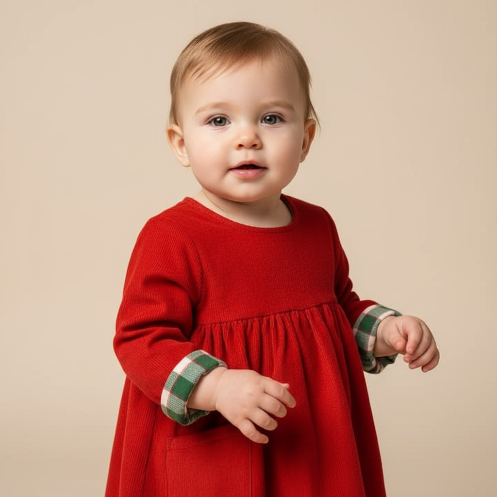 Baby girl portrait in red dress