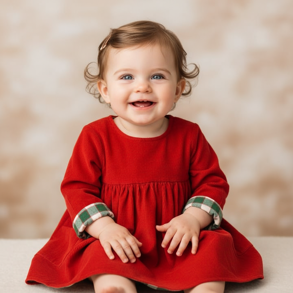 Baby girl sitting in red dress