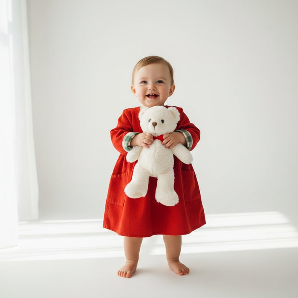 Baby girl standing with toy in red dress