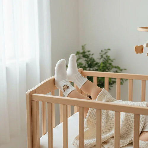 Baby girl wearing bear socks lying in crib
