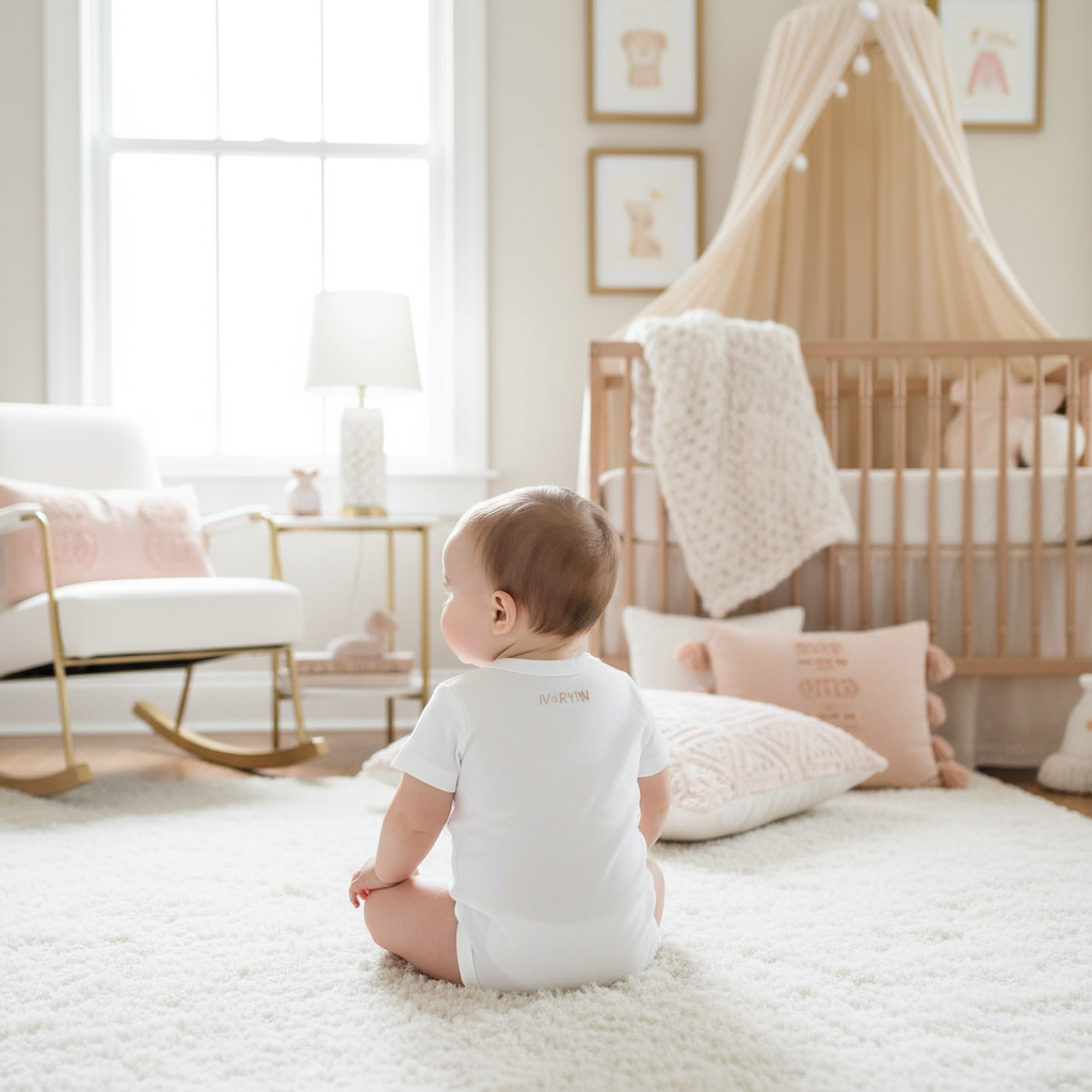 Baby girl wearing IVORYNN onesie - back view