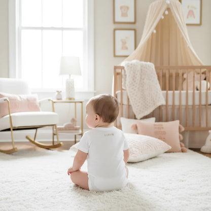 Baby girl wearing IVORYNN onesie - back view