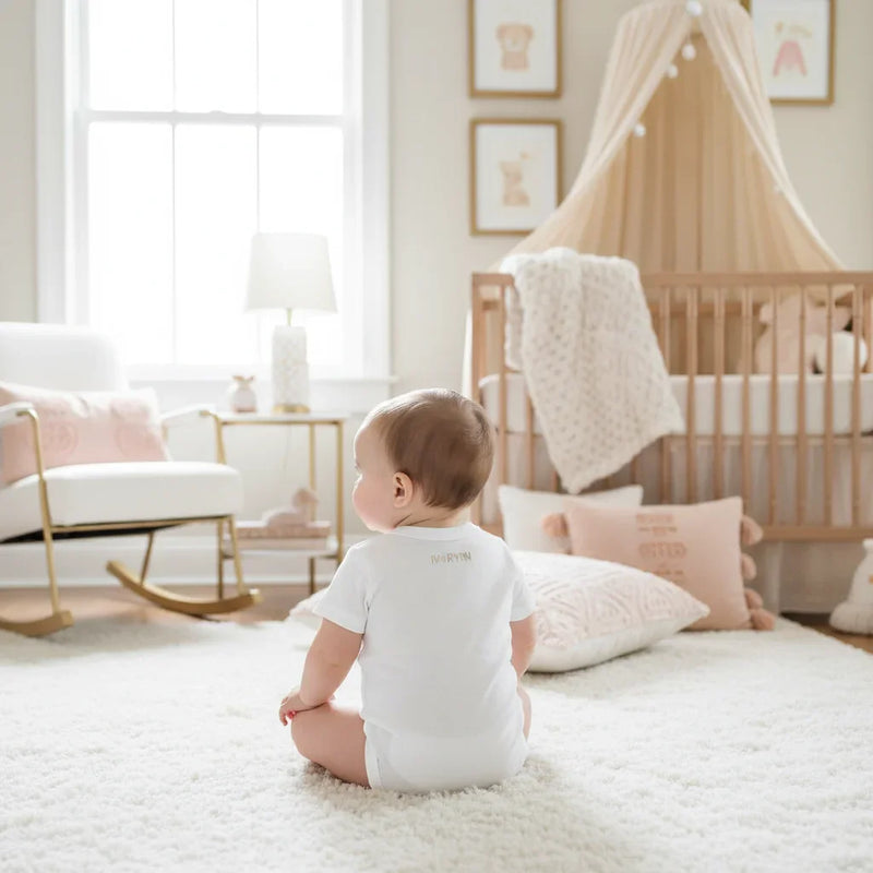 Baby girl wearing IVORYNN onesie - back view