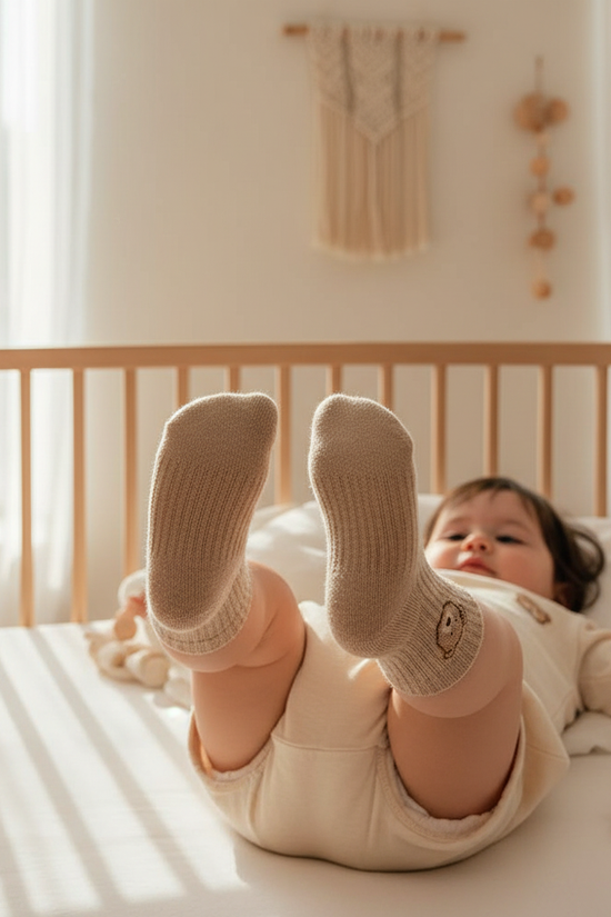 Baby girl with feet up showing sock soles