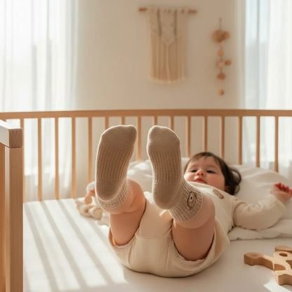Baby girl with feet up showing sock soles