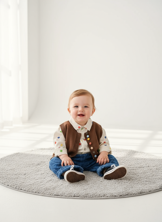 Shirt Sweater Cardigan Kids Coffee color Three-Piece Set